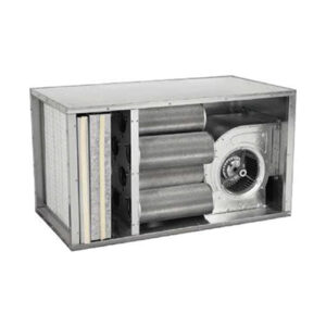 Caisson métallique gris pour filtration d'air avec charbon actif et ventilateur